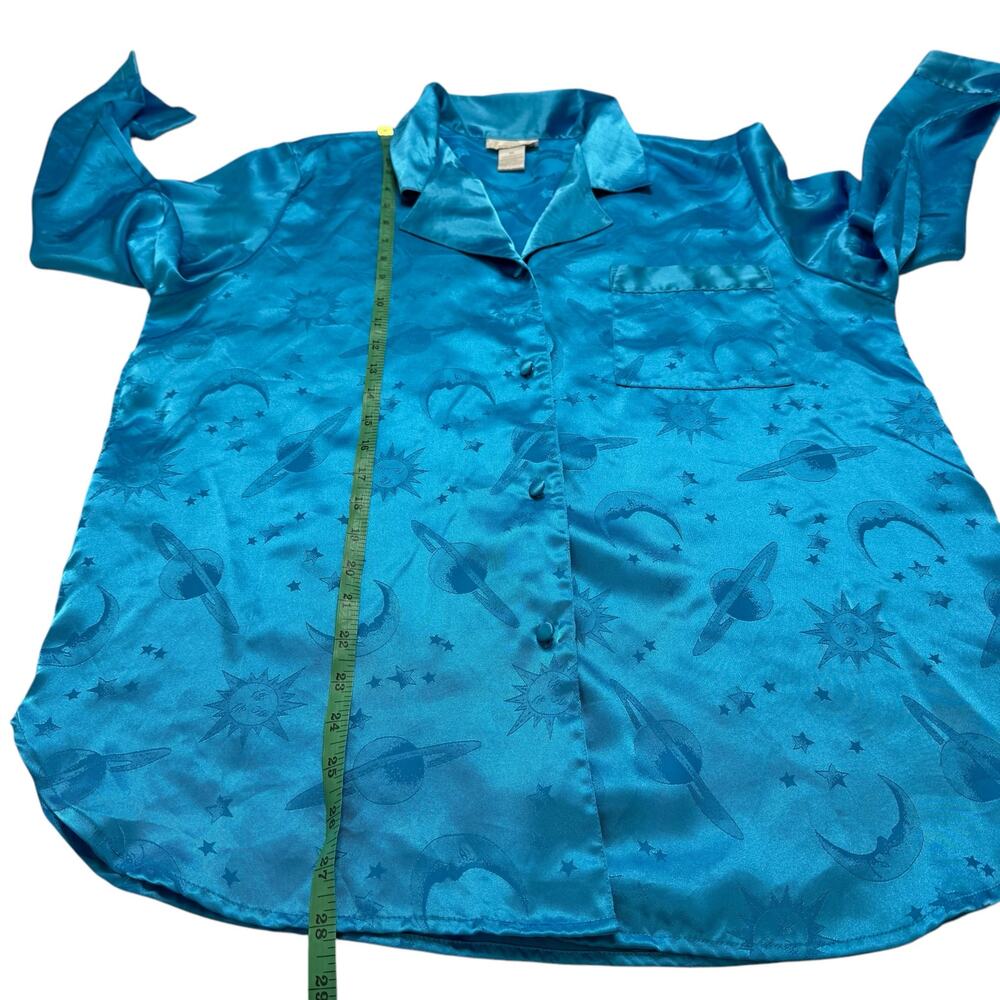 Vintage Blue Satin Celestial Blouse Size Medium Women Moon Stars Sun Planets - Picture 9 of 10